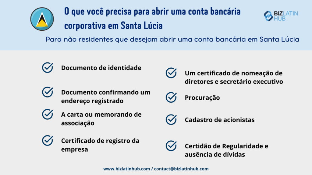 O que é necessário para abrir uma conta bancária corporativa? Tão importante quanto as exigências fiscais e contábeis em Santa Lúcia.