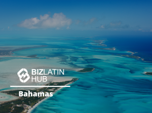 Aerial view of multiple islands and turquoise water in the Bahamas. The image has the text 