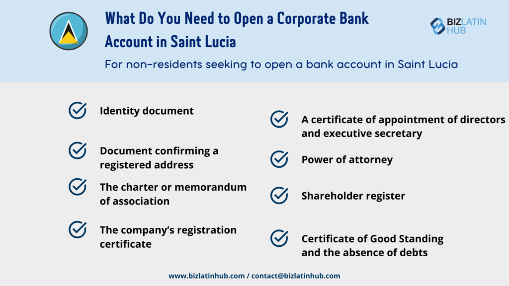 Tax and Accounting Requirements in Saint Lucia. What do you need to open a corporate bank account in Saint Lucia, infographic by Biz Latin Hub