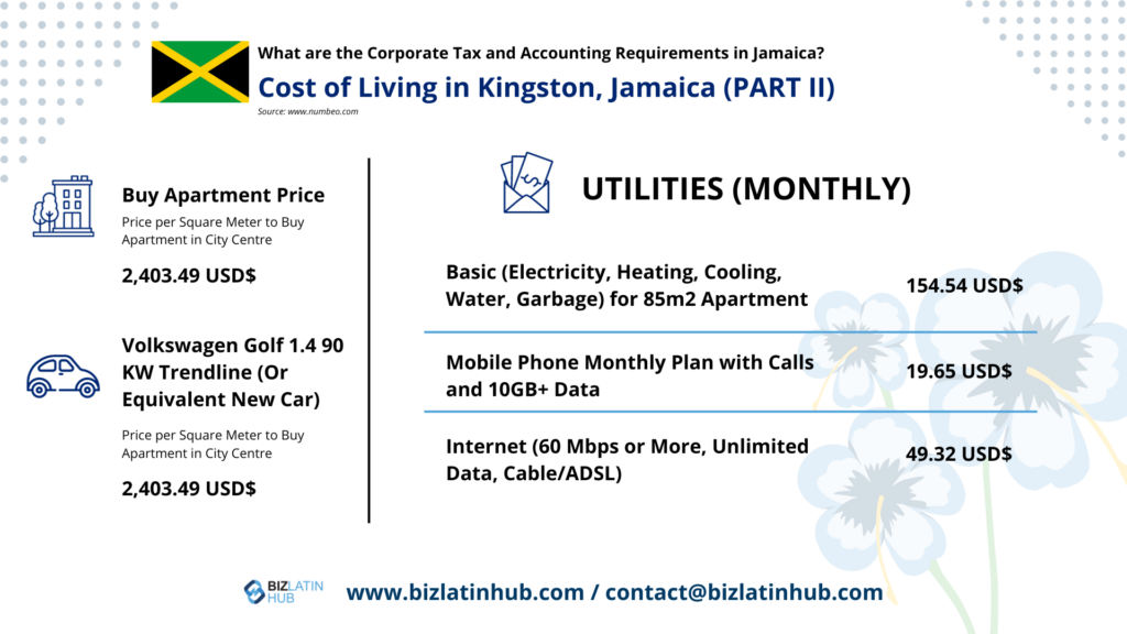 Cost of Living in Kingston, Jamaica part 2, infographic by BIz Latin Hub for an article about Tax and Accounting Requirements in Jamaica