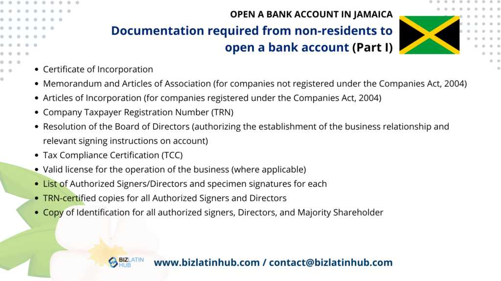 Documentaion Required from non-residents to open a bank account in jamaica, infographic by Biz Latin Hub