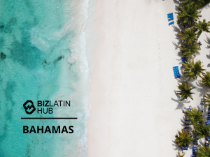 Vista aérea de una playa de arena blanca con aguas turquesas a la izquierda y palmeras a la derecha. A la sombra de las palmeras hay tumbonas y sombrillas azules. El logotipo y el texto "BizLatin Hub Bahamas" se superponen en la parte izquierda de la imagen.