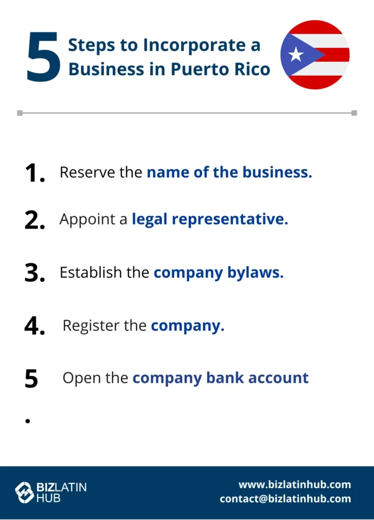 A Biz Latin Hub infographic of 5 steps to incorporate a business in Puerto Rico
