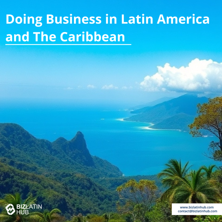 Tropical landscape with lush green hills and a clear blue ocean under a partly cloudy sky. Text overlay reads "Doing Business in Latin America and The Caribbean," reflecting the growing importance of Canada-Latin America relations, with Biz Latin Hub logo and contact details at the bottom corners.